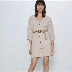 ZARA BIEGE RUSTIC MINI DRESS Linen 3/4 Sleeve V-neck Size Medium
